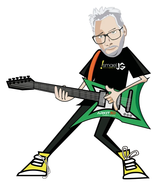 Caricatura de Ismael tocando una guitarra eléctrica con el logo de ARKIT3D
